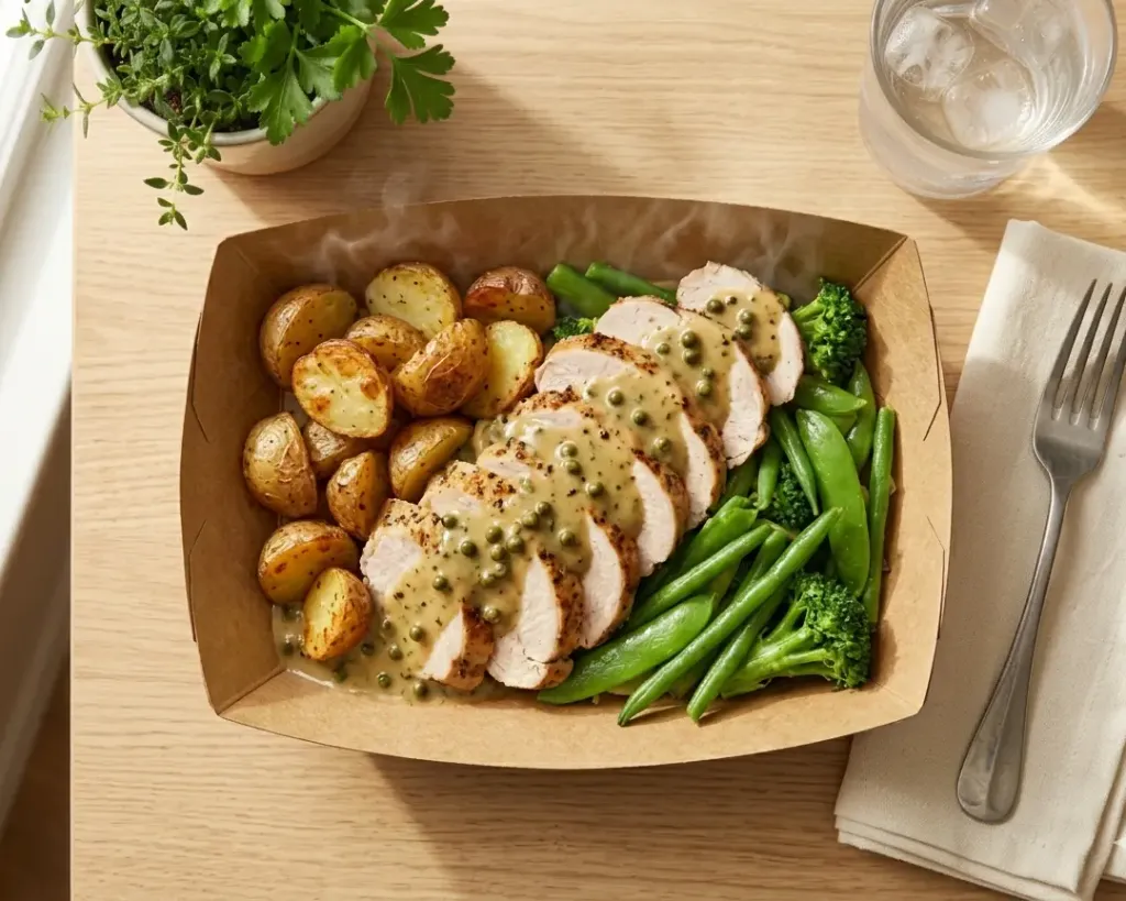 Aiguillette de dinde au poivre vert, pommes de terre grenaille et légumes verts