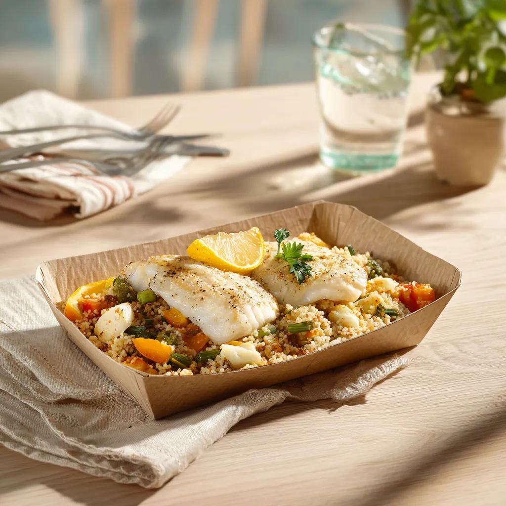 [4026] Filet de poisson au citron confit, pilaf aux 3 céréales(millet, orges, sarrasin) et légumes verts