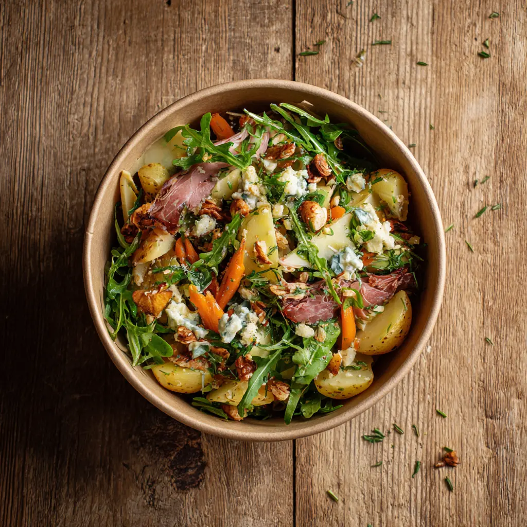 Fraich'Bol Aveyronnais (pommes de terre,magret de canard fumé, cèleri rave, carottes, bleu, noix), vinaigrette nature