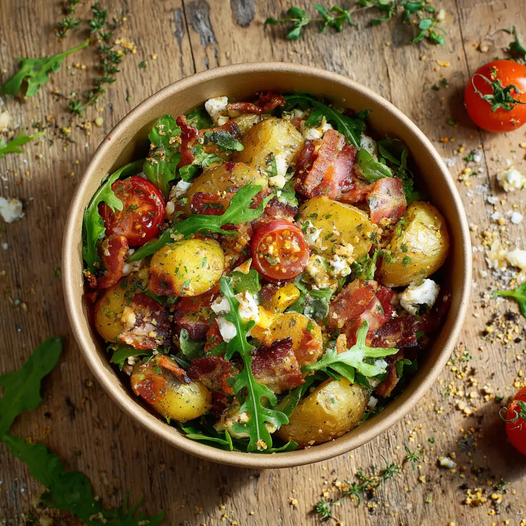 [8047] Fraich'Bol Breizh Gourmand : Pommes de terre rôties, bacon croustillant, tomates cerises, roquette, fromage de chèvre, vinaigrette au cidre et moutarde douce.