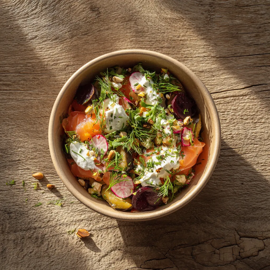 Fraich'Bol Nordique( Mini serpentini, saumon, aubergine marinées, radis, fromage fouetté, ciboulette),  huile d’olive