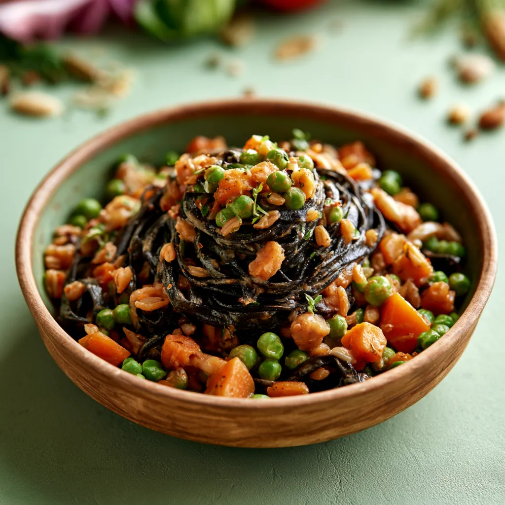 [7381] Fricassée d'émincé végé (pois, blé ) aux petits légumes, Tagliolini à l'encre de seiche