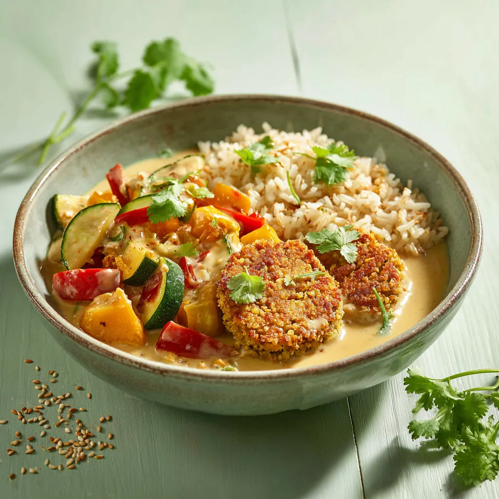 Galette boulgour et lentilles corail sauce curry, Riz basmati et petits légumes