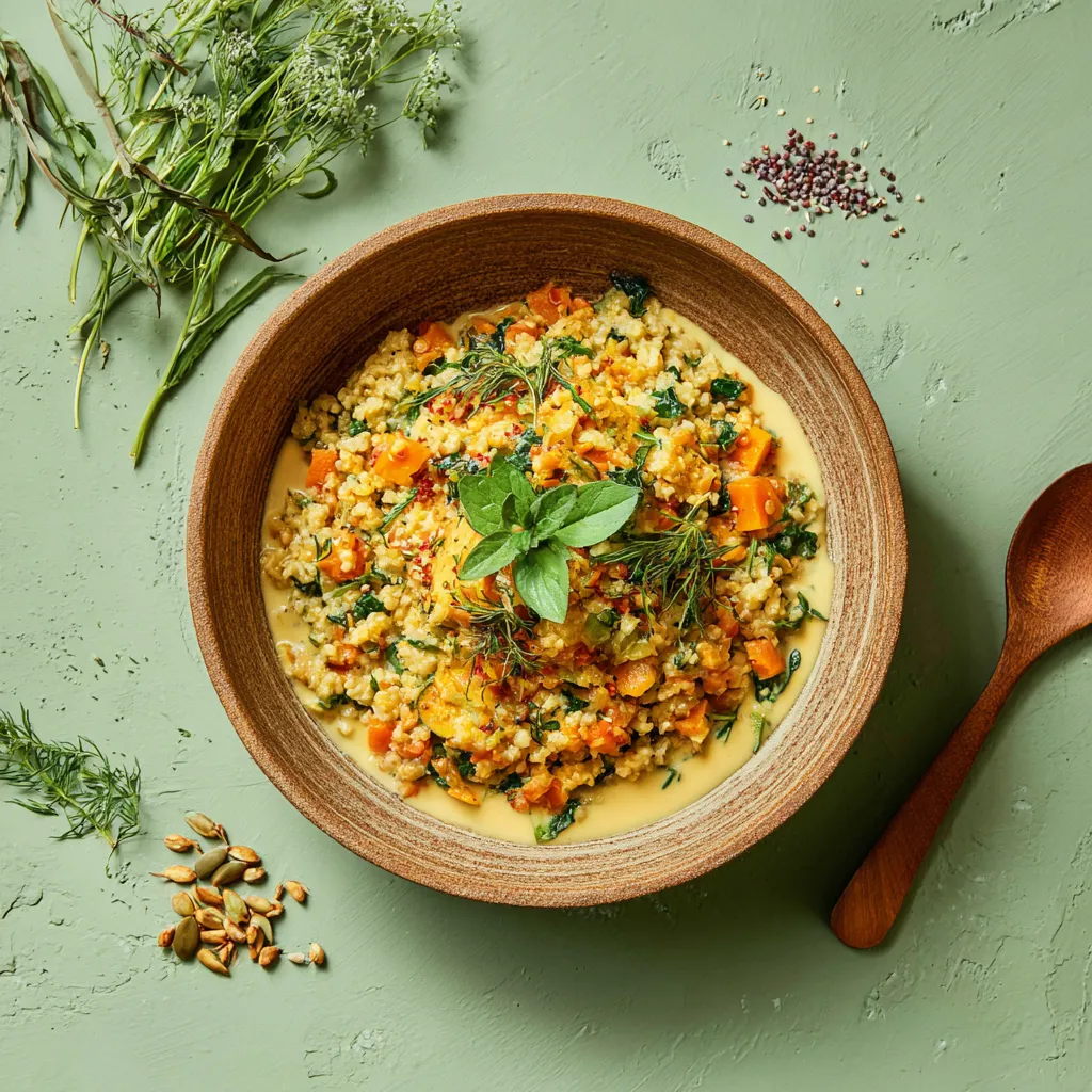 Galette de boulgour et lentilles corail sauce citron confit, pilaf aux 3 céréales(millet, orges, sarrasin) et légumes verts