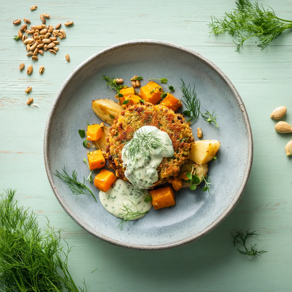 Galette de haricot azuki sauce à l'aneth, poélée de panais et butternut rôti Végé