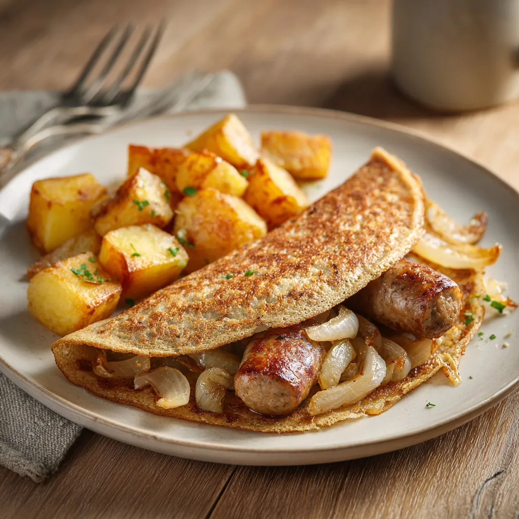 [5878] Galette saucisse, pomme de terre rissolées et oignon
