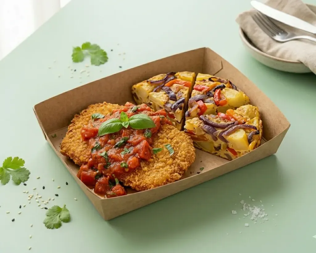 [6049] Pané de blé sauce basilic et tomate, Tortilla aux oignons rouges et poivrons végé