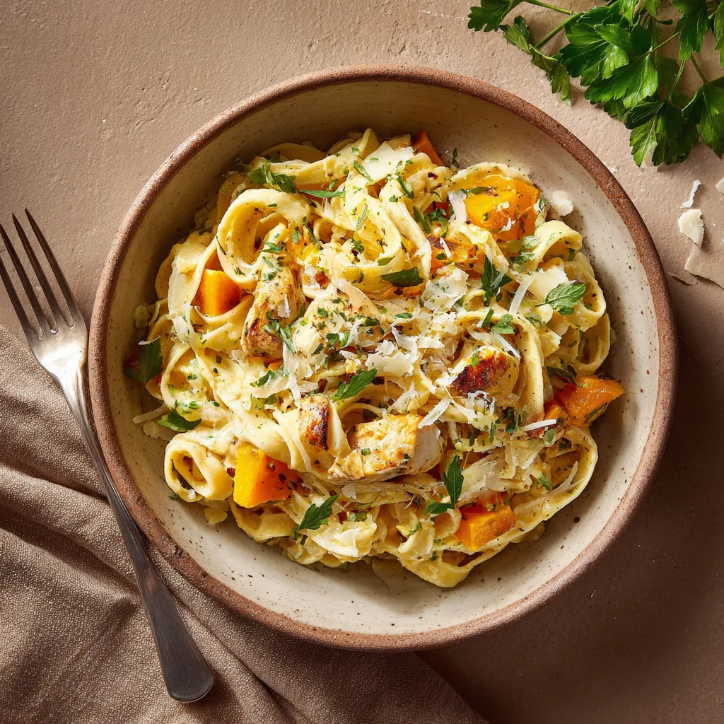 [5723] pastas du jour Coquillettes au comté et au butternut et émincé de poulet roti