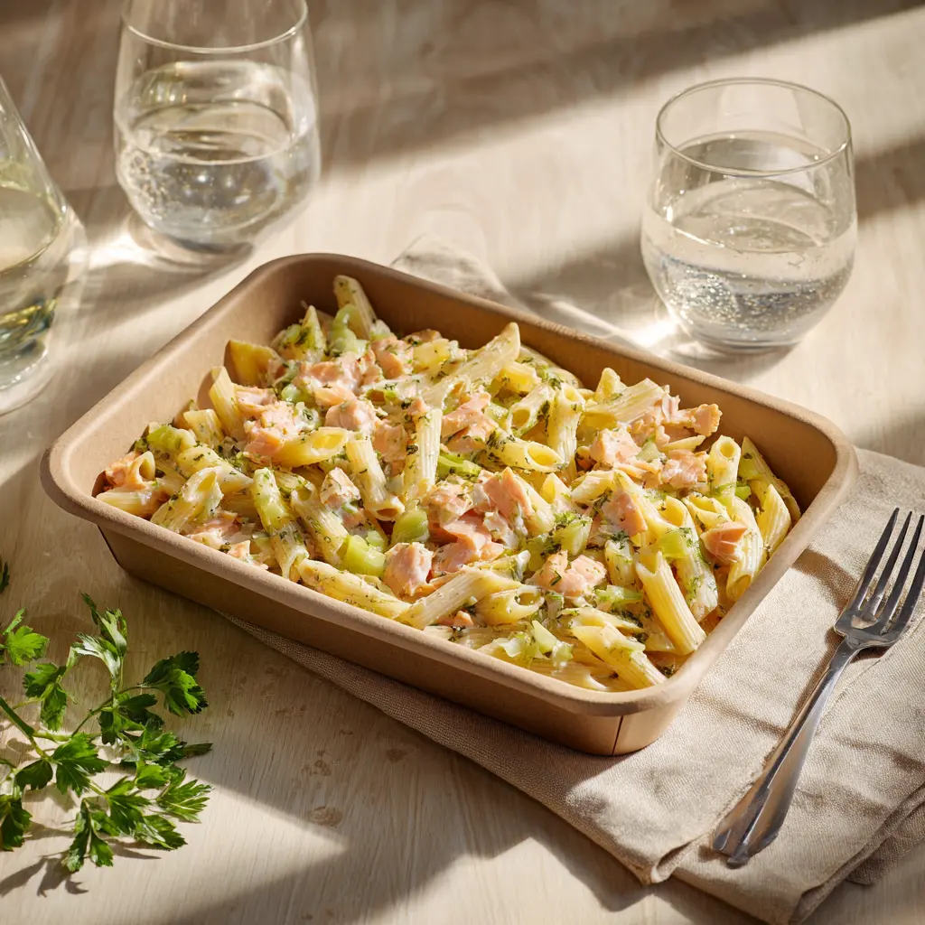 Pastas du jour penne au saumon et fondue de poireaux