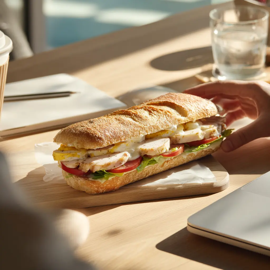 Pique -Mie "Le Complet Poulet" (baguette sandwich, poulet, oeuf dur, tomate, salade, mayonnaise)