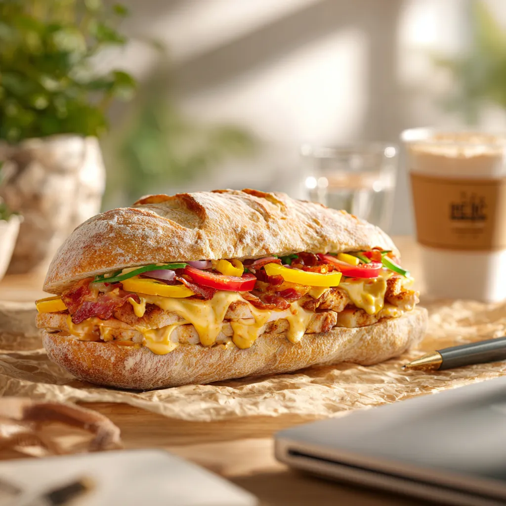 Pique -Mie "le ranch"(pain Ciabatta,poulet,bacon,tomate,poivron,oignon,sauce cheddar)