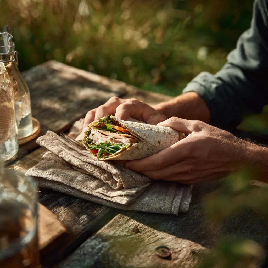 Pique -Mie Le Basilico (wrap, poulet, carottes rapées, tomates, salade pesto)