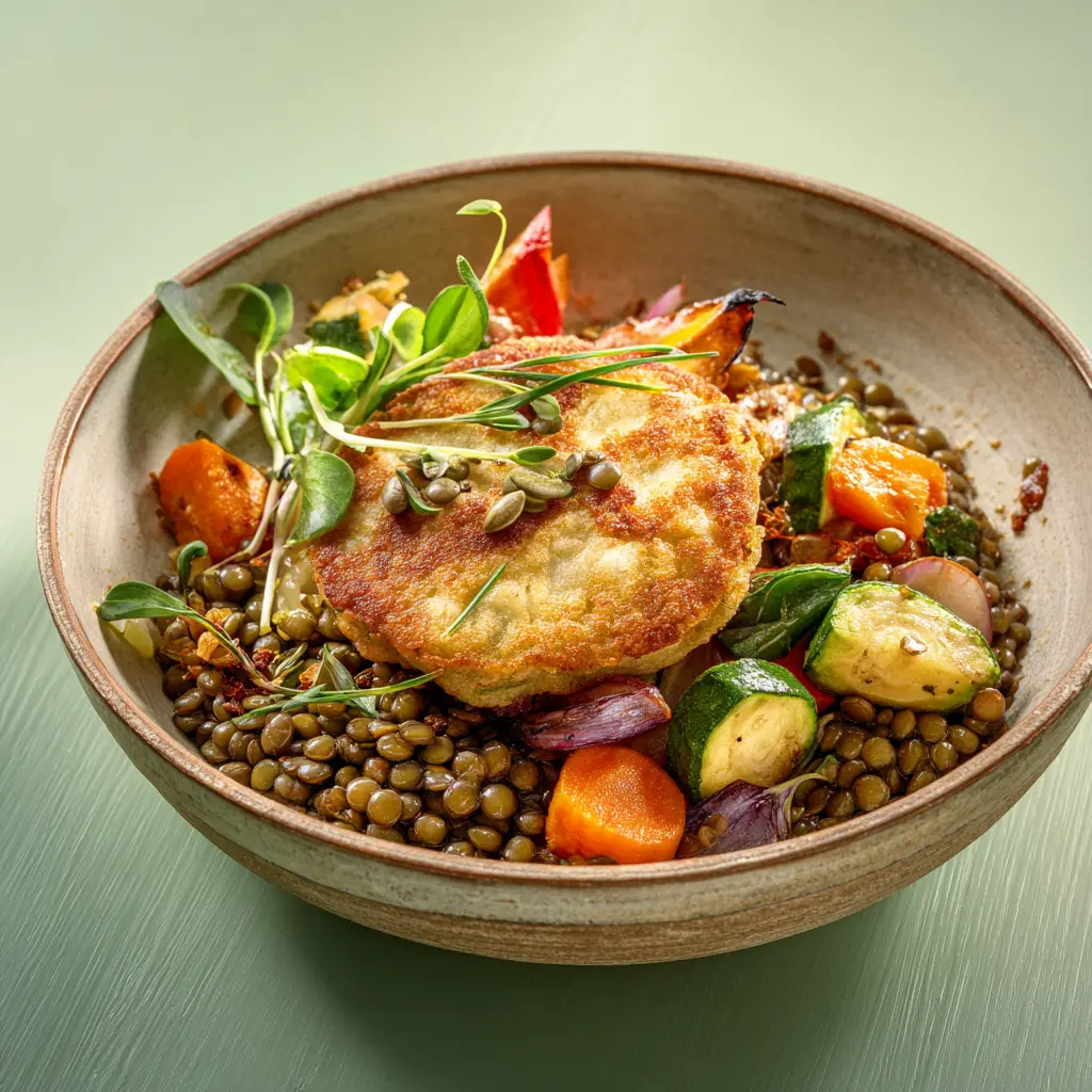 [4955] Poêlée de lentilles verte du puy et ses petits légumes rôtis, galette de haricots Azuki