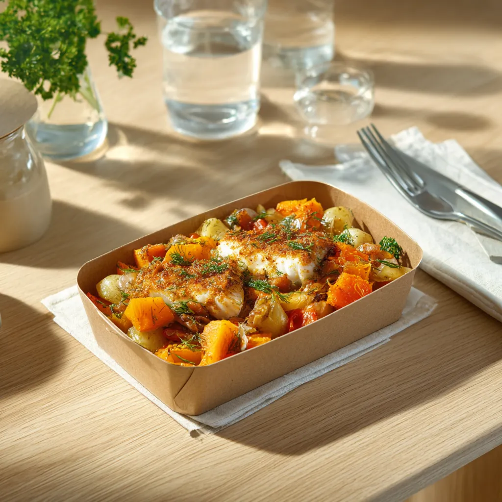 Poisson du jour (colin) à l'aneth, purée de panais et butternut rôti