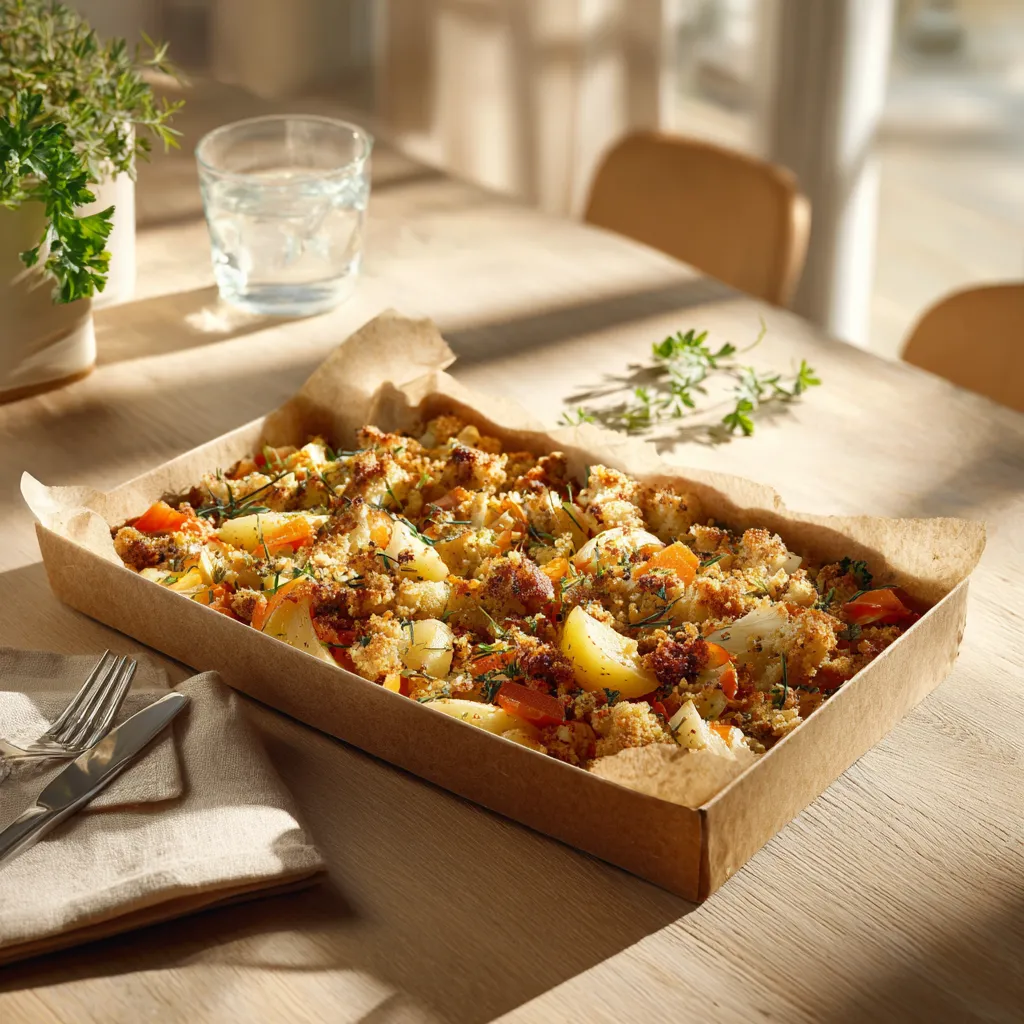 Poisson du jour (colin) crumble à la ciboulette, poêlée de légumes et pommes vapeur