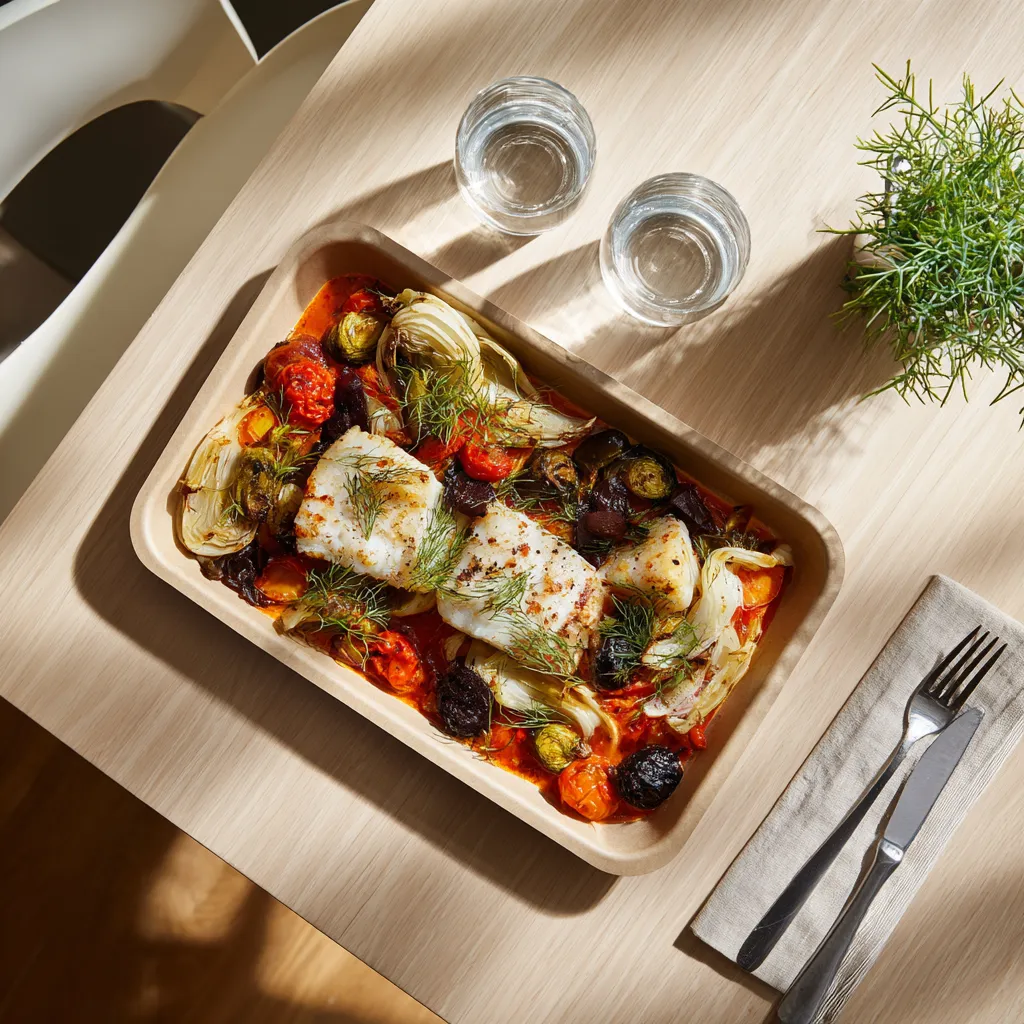 [4375] Lieu noir coulis de poivrons, fenouil étuvé et poélée de légumes