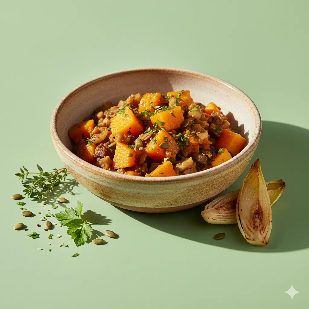 Sauté Marengo végé, potiron fondant aux herbes, endives braisées