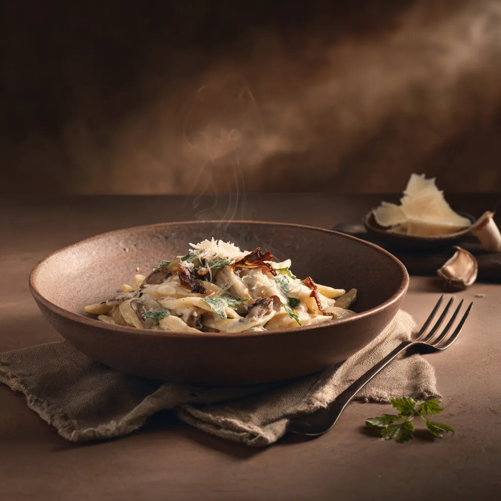 Trofie liguri crème de champignon et allumettes de lard fumé