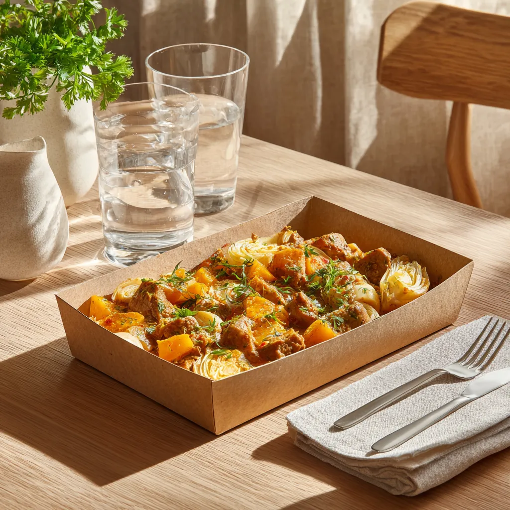 Veau Marengo, potiron fondant aux herbes, endives braisées