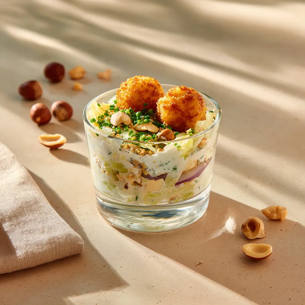 Verrine d'endives aux noisettes, ciboulette et croquette de brie