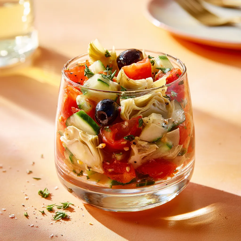 [2182] Verrine estivale (artichauts, tomates, concombre, olives au vinaigre de cidre)