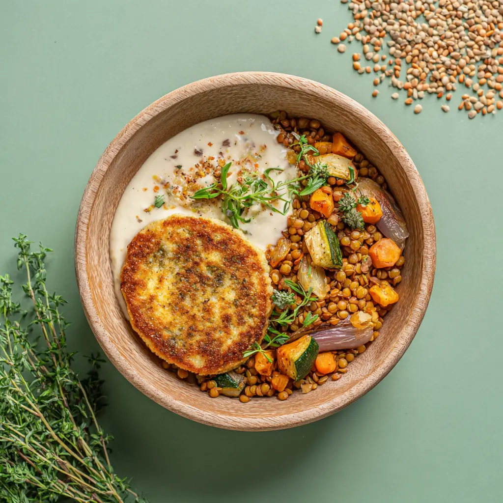 Galette de boulgour et lentilles corail crème nantaise, Céréales gourmandes et légumes rôtis